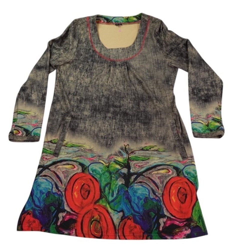 Shana Tunic Top Womens Large Abstract Floral Art Print Boho Art To Wear Pockets